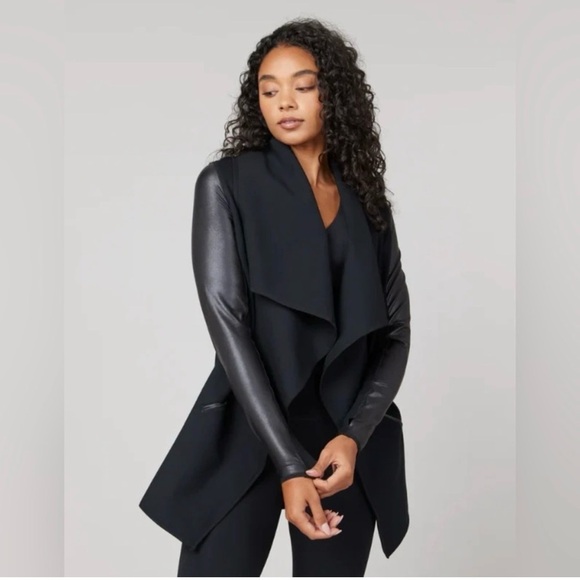 SPANX Jackets & Blazers - Spanx Drape Front Black Faux Leather Open Front Coat Cardigan Size XS